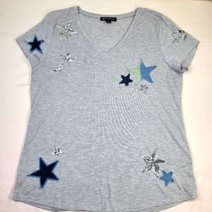 INC Sequins Star Embellished Woman's Tee V Neckline Size XL